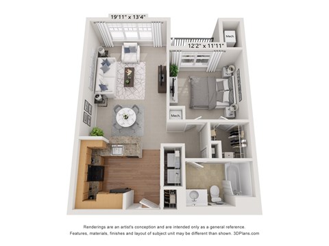 One bedroom apartment with 1 bathroom. Approximately 755 square feet. Floor plans are artist's rendering. All dimensions are approximate. 
Actual product and specifications may vary in dimension or detail. 
Not all features available in every apartment. Prices and availability are subject to change. Please contact a representative for details.